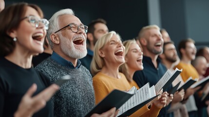 Group of diverse people singing in a choir with sheet music indoors, expressing joy and enthusiasm during a practice session