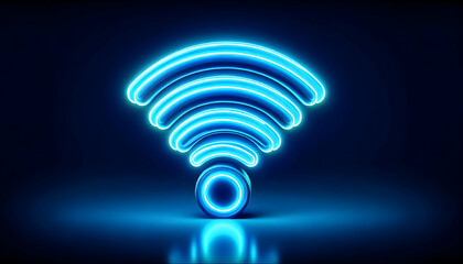 Icon A 3D neon blue WiFi internet icon with bright glowing lines, isolated on a white background, represe3