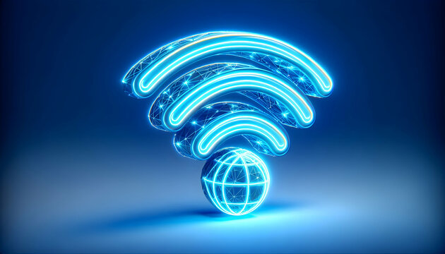 Icon A 3D neon blue WiFi internet icon with bright glowing lines, isolated on a white background, represe1