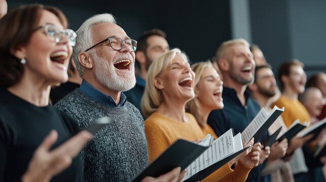 Group of diverse people singing in a choir with sheet music indoors, expressing joy and enthusiasm during a practice session