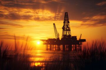 Fototapeta premium Oil rig silhouette outdoors sunset.