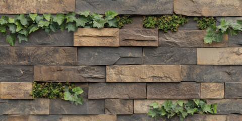 A rustic stone wall covered with ivy and moss. The natural textures and earthy tones evoke a sense of history and charm, suitable for vintage or outdoor themes.