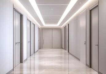 Abstract white corridor with doors and lights, a minimalistic interior design of the hall in an office, museum, or gallery