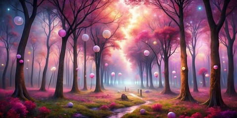 Obraz premium Surreal Panoramic View of a Vibrant Pink and Purple Forest, Capturing the Enchantment of Nature’s Colorful Landscape in a Dreamlike Atmosphere