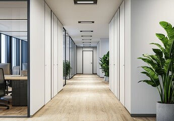 Abstract white corridor with doors and lights, a minimalistic interior design of the hall in an office, museum, or gallery