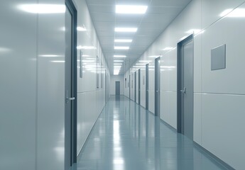 Abstract white corridor with doors and lights, a minimalistic interior design of the hall in an office, museum, or gallery