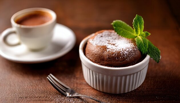 A delectable chocolate souffl&eacute; topped with powdered sugar and a mint leaf, served with a warm cup of coffee. Perfect for dessert lovers or a cozy coffee break.