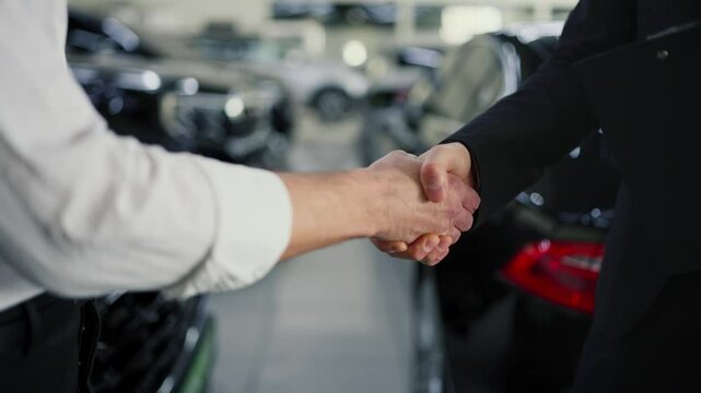 Close-up shot of a confident man in a white shirt shaking hands with an assistant in a business suit in a car dealership. Happy and mutually beneficial between two people in a car showroom