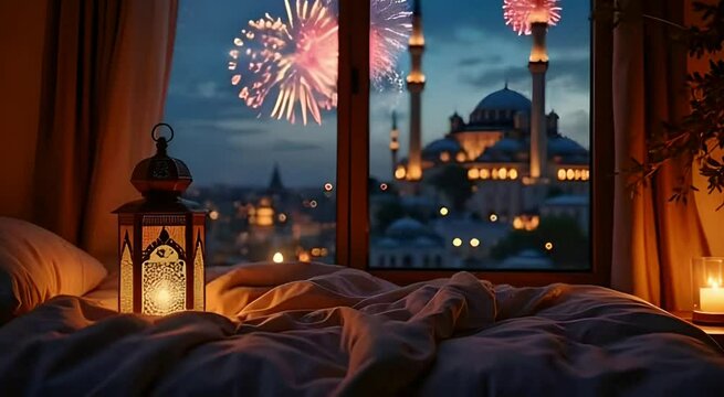Lantern and candle in bedroom, in night with mosque and fireworks view from window. islamic ramadan decoration video background