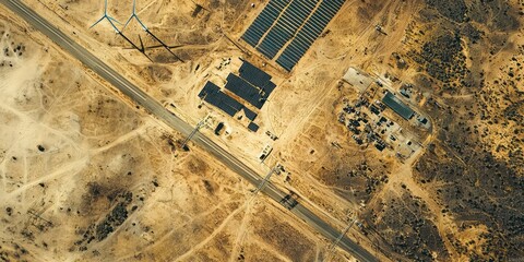 A high-angle view of a modern energy grid with solar panels, wind turbines, and power lines.