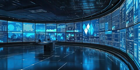 A high-tech environment filled with screens displaying AI-related information, creating a dynamic backdrop for tech presentations.