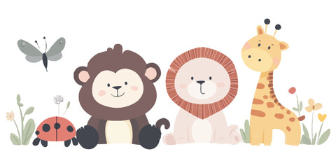 Cute flat vector animal set in a simple style, isolated on a white background