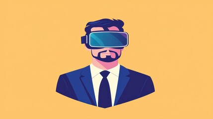 Obraz premium A professional man wearing a VR headset, representing the intersection of technology and business in a vibrant, modern design.