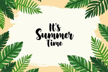 Fototapeta premium Tropical summer vibes poster with green palm leaves and calligraphy.
