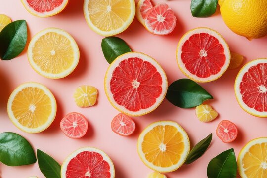 Vibrant display of citrus fruits with colorful slices and green leaves on a pastel background