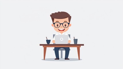 Fototapeta premium A cheerful young man sits at a desk, working on a laptop, surrounded by coffee cups in a minimalistic workspace.