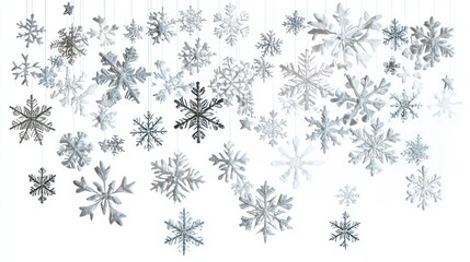 Dynamic 3D render of snowflakes mid-fall, with sharp details against a minimalistic white background