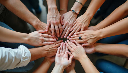 A group of diverse hands coming together in a gesture of unity and support
