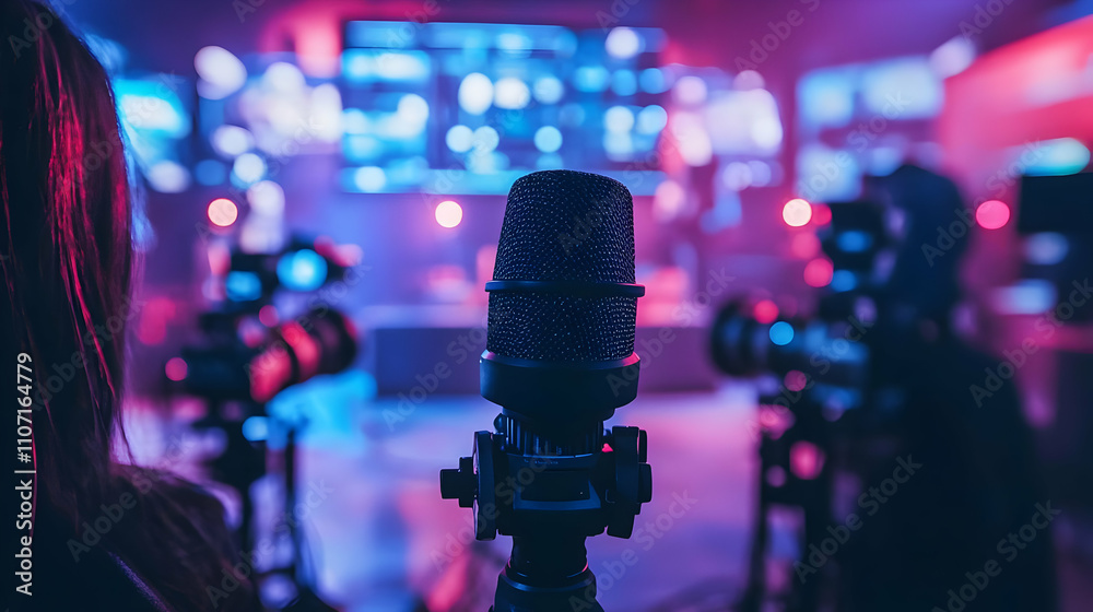 Poster A microphone in focus with cameras and screens in a vibrant studio setting.