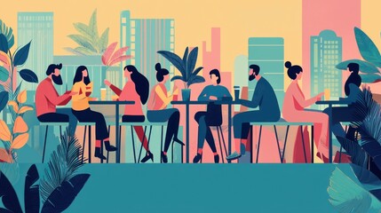 A vibrant illustration of people socializing in a cafe, surrounded by plants and a city skyline, showcasing a lively atmosphere of connection and urban life.