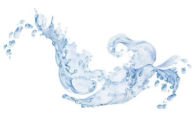 Obraz premium Water flow, splashes bubbles waves with drops, ice cubes hand drawn in watercolor. Blue liquid pouring motion, flowing clear wet spray ripples. Illustration, single object isolated on white background