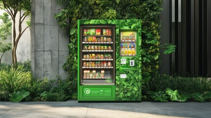 Eco-friendly vending machine with sustainable packaging and biodegradable products, highlighted by green branding elements