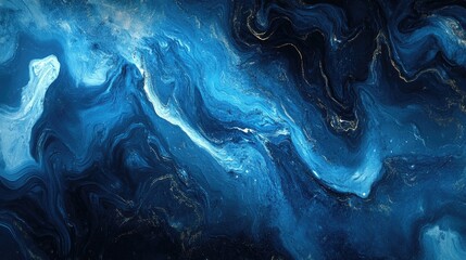 A vibrant abstract artwork featuring deep blue and teal swirls, evoking a sense of depth and tranquility.