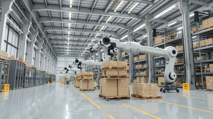 Naklejka premium A clean and modern industrial warehouse with automated robotic systems transporting goods