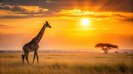 Obraz premium Giraffe standing tall in the savannah grasslands with the sun setting in the background, giraffe, tall, wildlife, nature