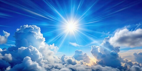 Sun shining through the puffy clouds in a beautiful sunny sky , Sunny, sky view, background, clouds, blue sky, sunshine