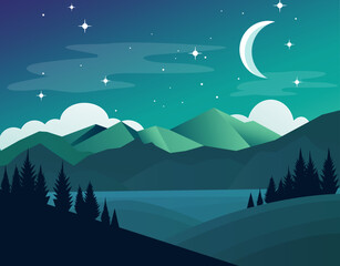 Obraz premium Blue Night Sky with Crescent Moon and Mountains