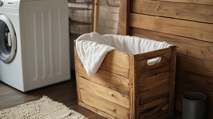 Wooden Laundry Basket with White Towel in a Rustic Setting