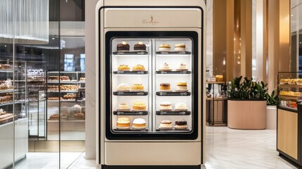 Gourmet dessert vending machine offering mini cakes and pastries, styled with elegant branding in a luxury mall