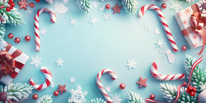 Pastel holiday flatlay with candy canes and festive ornaments