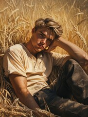 Naklejka premium young man rest on wheat field