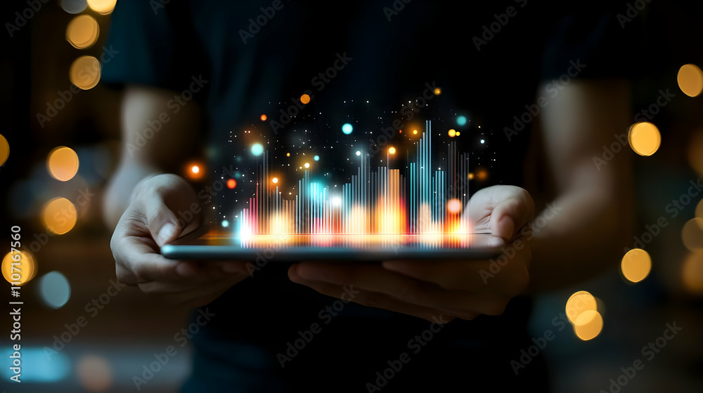 Poster A person holds a tablet displaying vibrant, animated data visualizations against a blurred background.