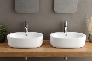 Fototapeta premium Modern Bathroom Design Double Oval Sinks Wooden Vanity Chrome Faucets