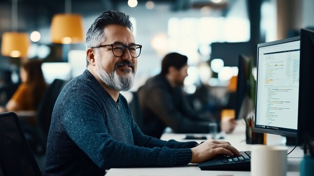 Middle-aged man with gray beard working on a computer in modern office setting. Focused on coding on monitor; background shows blurred colleagues and office decor.
