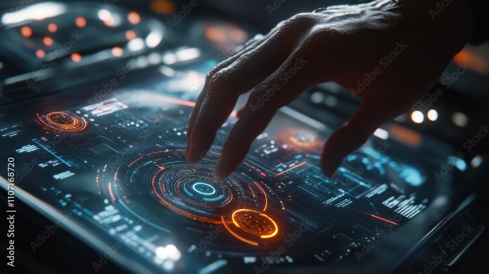 Poster a hand interacts with a digital interface displaying technology trends and data analysis in a futuri