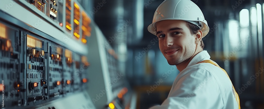 Poster a young worker in a control room, smiling while monitoring equipment.