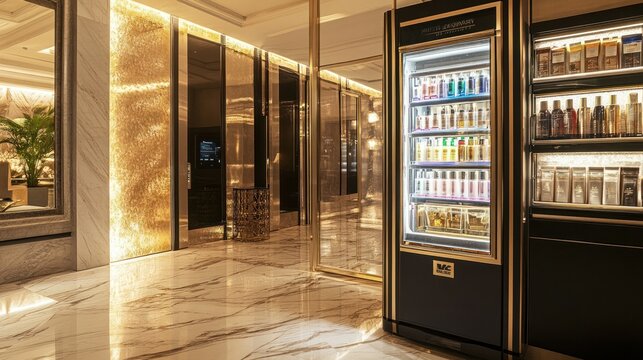 Luxury vending machine offering exclusive perfumes and cosmetics, placed in an elegant hotel lobby