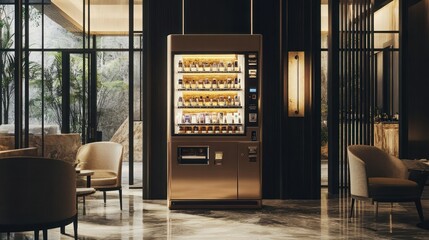 Luxury vending machine offering exclusive perfumes and cosmetics, placed in an elegant hotel lobby