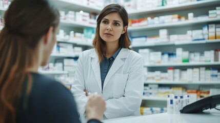 A pharmacist providing medication counseling to a patient in a pharmacy consultation area, with shelves of pharmaceutical products in the background, Consultative style