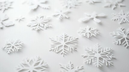 Minimalist display of 3D snowflakes gently positioned on a pristine white surface with subtle shadows