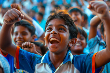 A young Indian boy finds excitement in the roar of a crowded stadium, cheering on his favorite team, inspiring others to embrace the passion of sports