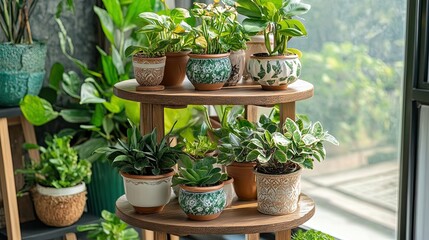 Potted Plants on a Wooden Stand by a Window