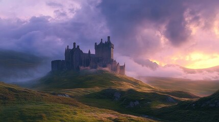 Obraz premium Majestic castle on a hill at sunset, shrouded in mist and dramatic clouds.