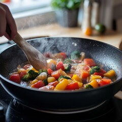 Different vegetables, oil, frying pan in air on white background