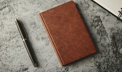Brown Leather Notebook Pen Gray Surface Background