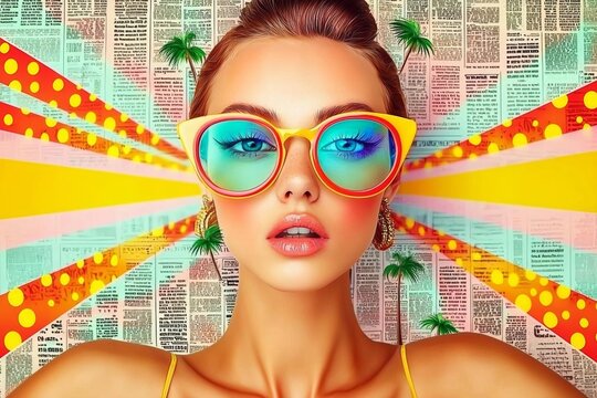 a photostock of a  Collage of girl in retro style with hairstyle, glasses and palm trees on old newspaper background